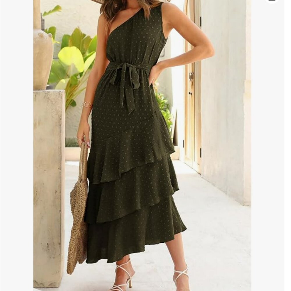 Summer Floral Sundress One Shoulder Tiered Ruffle Flowy Midi Beach Boho Dress - Picture 1 of 8